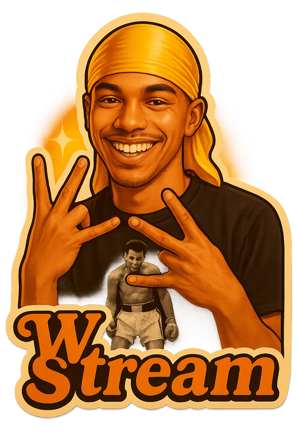 Make him Smiling 
Form a W with fingers
Change His durag To yellow
Add the words W Stream emoji