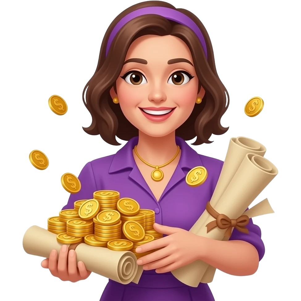 Счастливая женщина с кучей золота без валюты свитки в фиолетовой одежде emoji
