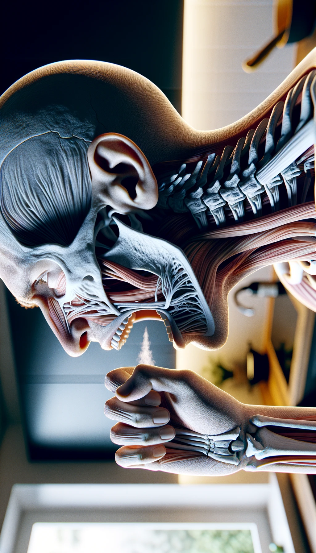 corpo umano anatomico che prende un forte respiro con la bocca tutta aperta, sfondo  della sua cucina sfocata in sottofondo, iperrealistico 4k emoji
