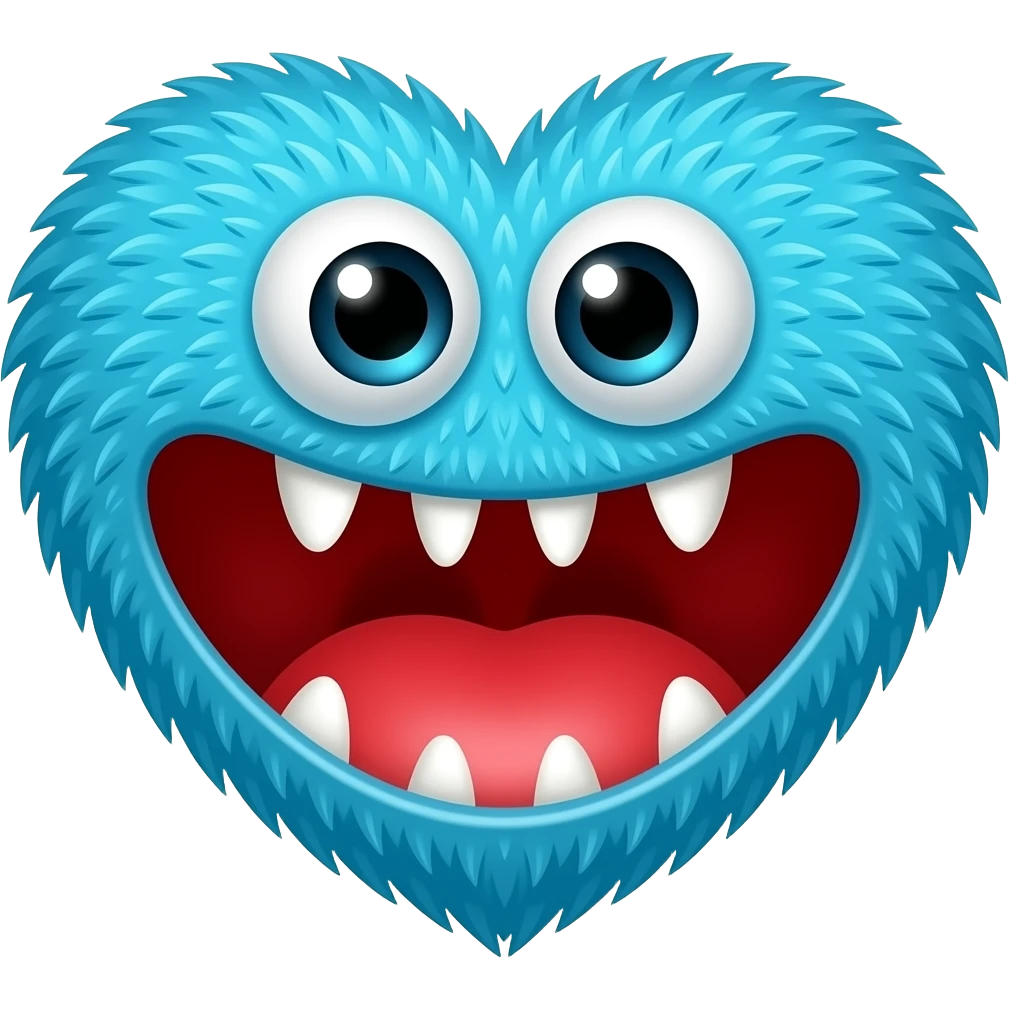 Crie o emoji de um monstro com a cara no formato de coração azul com ema boca grosa e vermelha cheia de dentes aviados ela tem pelo e olhos grandes emoji