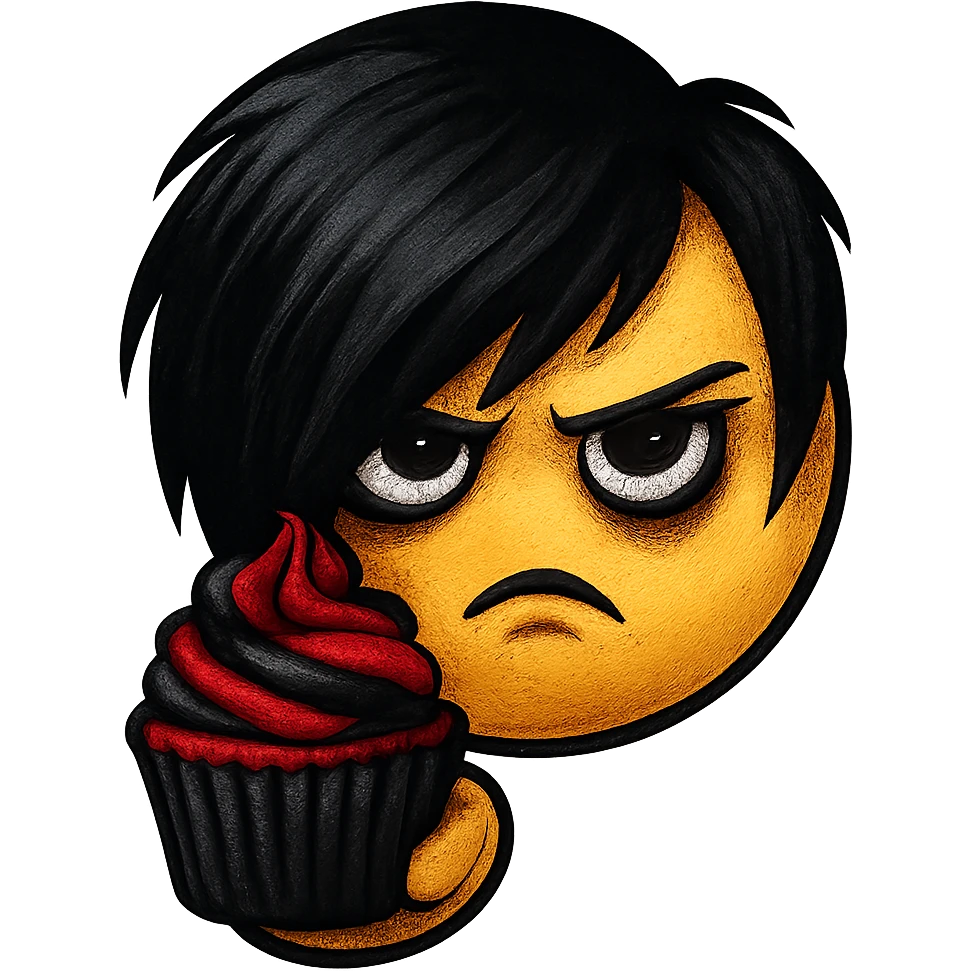 emo emoji, black and red cupcake, edgy and expressive, no background emoji