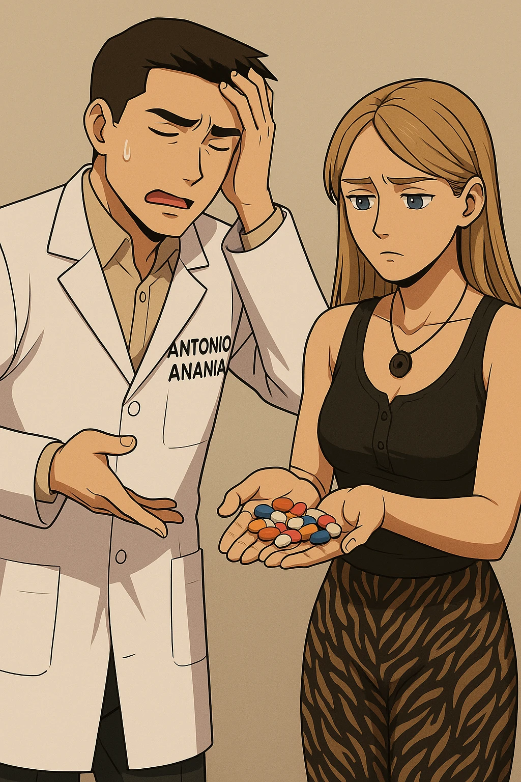 fai un webtoon/manga a colori con questo kinesiologo in camice bianco (fagli la scritta "ANTONIO ANANIA" SUL CAMICE) CHE PARLA CON QUESTA RAGAZZA CON GLI OCCHI AZZURRI. LA RAGAZZA HA UN PUGNO DI INTEGRATORI IN MANO (TANTE PILLOLE DIVERSE) E LE GUARDA DUBBIOSA. IL KINESIOLOGO CON IL CAMICE BIANCO SI TIENE UNA MANO SULLA FRONTE SCONFORTATO MENTRE LE DICE CHE STA SBAGLIANDO A PRENDERE TUTTI QUEGLI INTEGRATORI. NON FARE I FUMETTI, FAI SOLO LORO COME SE DIALOGASSERO emoji