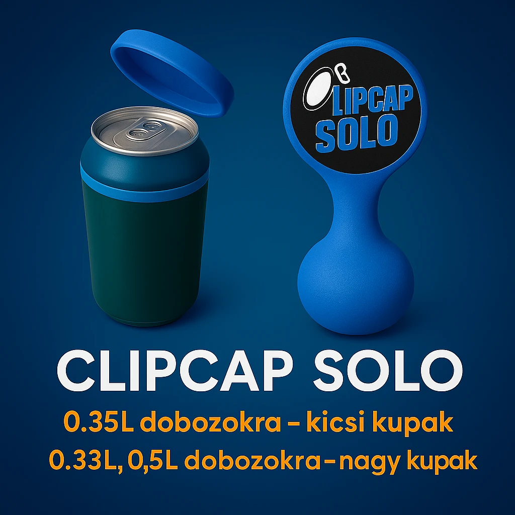 A kupakokat színezd át kékre. A CLIPCAP DUO felírat helyett CLIPCAP SOLO felírat legyen, a "kicsi és nagy kupak a csomagban" szöveg helyett "0.25L dobozokra - kicsi kupak" és a "0.33L,0.5L dobozokra - nagy kupak" külön sorban. emoji