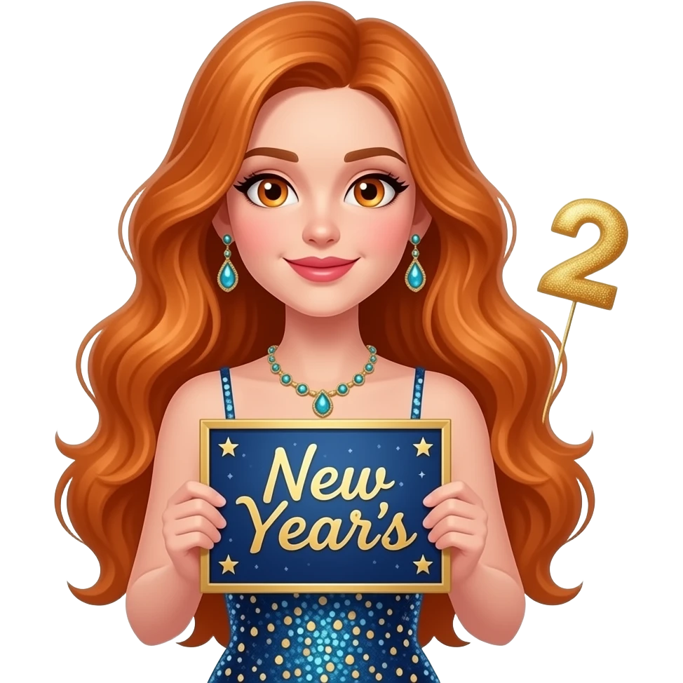 sexy girl with overlong ginger hair and ginger eyes wearing a new years eve dress holding a NEW YEARS EVE sign emoji
