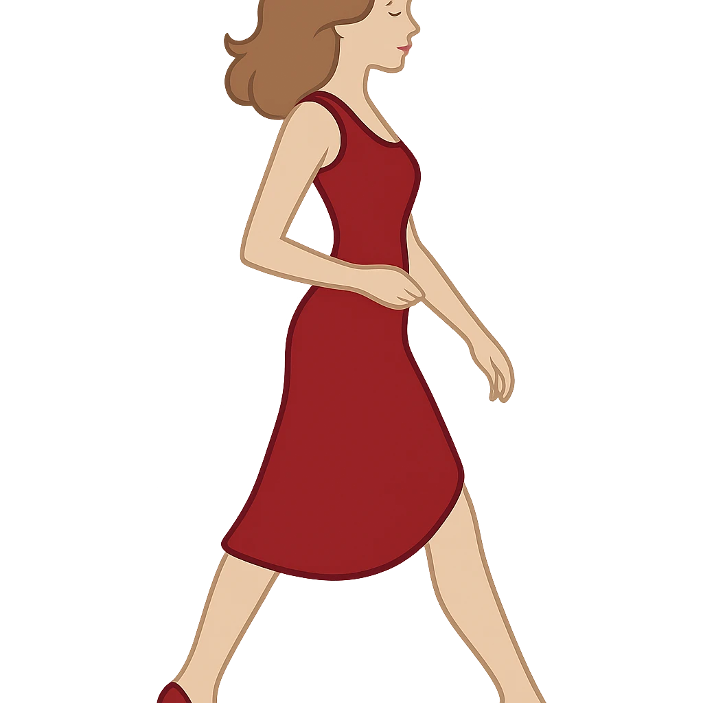 Create an image of the girl from the first reference (https://attic.sh/1730fsuvp96t05lhz4ccxqooc8bx) with the exact pose from the sketch in the second reference (https://attic.sh/3xt2nuuseuyn2zphhymm7ujswlel). Maintain the same appearance, hairstyle, red dress, and shoes style and color. The pose should have both legs almost level, left leg slightly forward, right leg slightly back, both slightly bent; left arm down, right arm bent. The background should be transparent. Ensure the entire figure is fully in frame without cropping any body parts. emoji