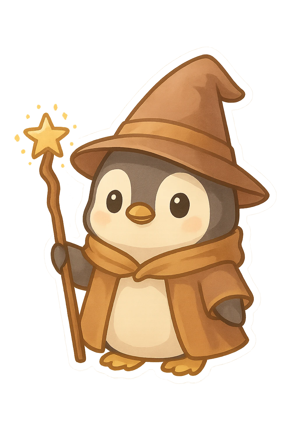 cute penguin wizard, magical, holding a staff, wearing a pointed hat, fantasy style emoji