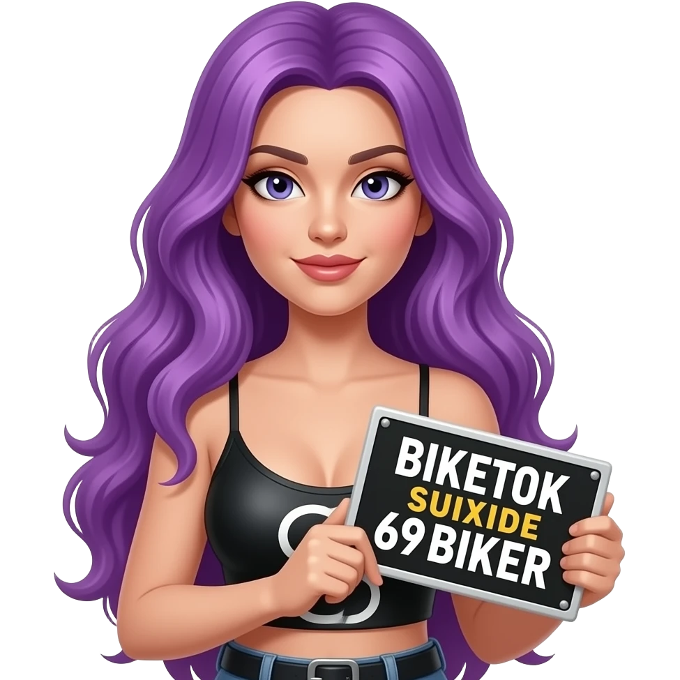 sexy girl with long purple hair holding a BIKETOK SUIXIDE 69 BIKER sign emoji