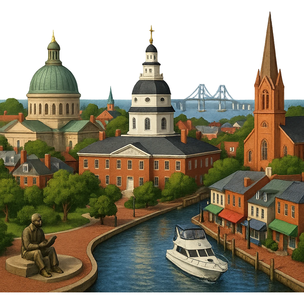 cinematic realistic emoji of Annapolis, wide city view with iconic landmarks: Maryland State House, United States Naval Academy Chapel, Ego Alley, St. Anne's Church, Kunta Kinte-Alex Haley Memorial, and the Chesapeake Bay Bridge in the distance. Lifelike detail, accurate colors, bright daytime lighting, no sky, no clouds, no city name label, transparent background emoji