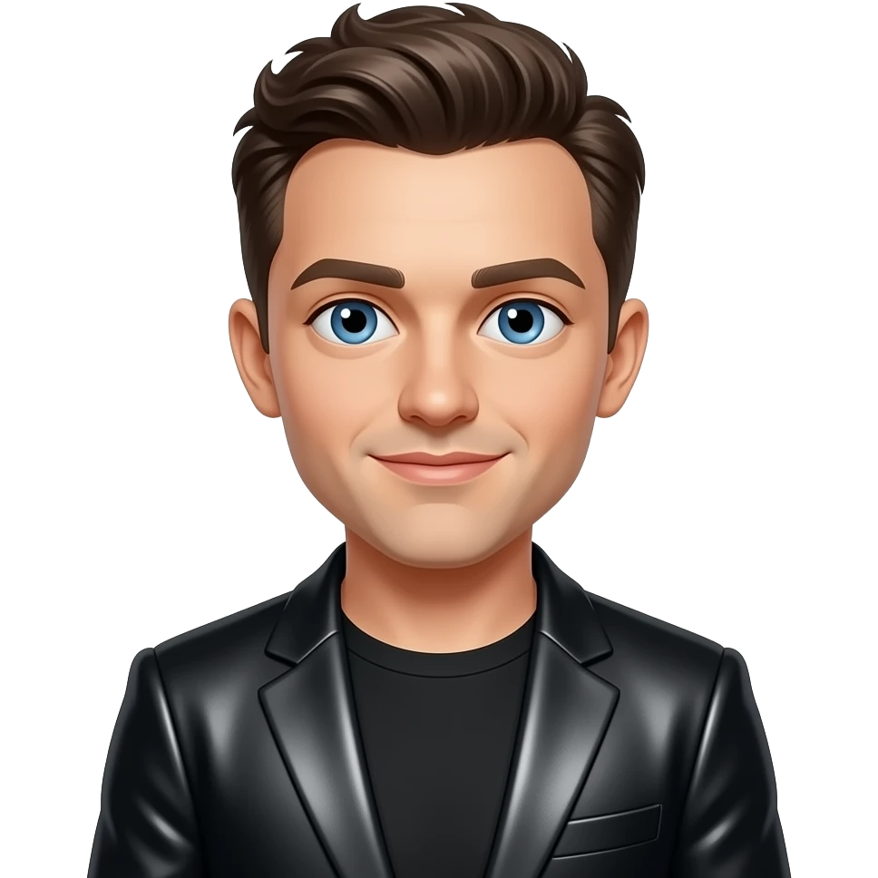 Sam Smith with blue eyes, dark brown hair, black metallic pop suit emoji