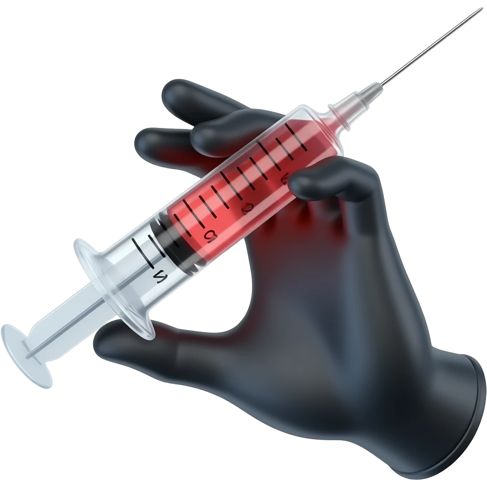 A gloved dainty male hand holding a syringe with glowing neon-red liquid inside. The glove is black but with cobalt-blue palm emoji