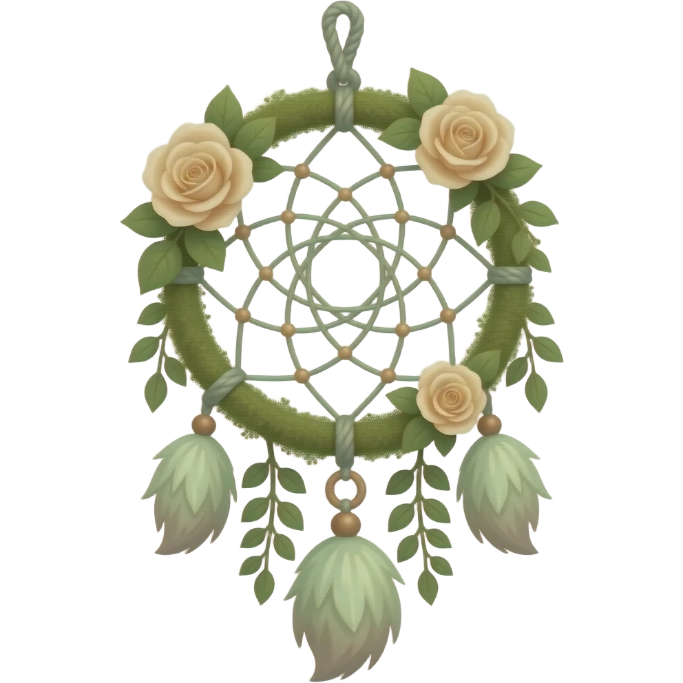 Cute dainty neat Pastel Green-white-brownish-beige-gradients thread-rope-hanging dreamcatcher, pastel colors, whitish, light, green academia aesthetic, mossy, with green vines and beige roses emoji