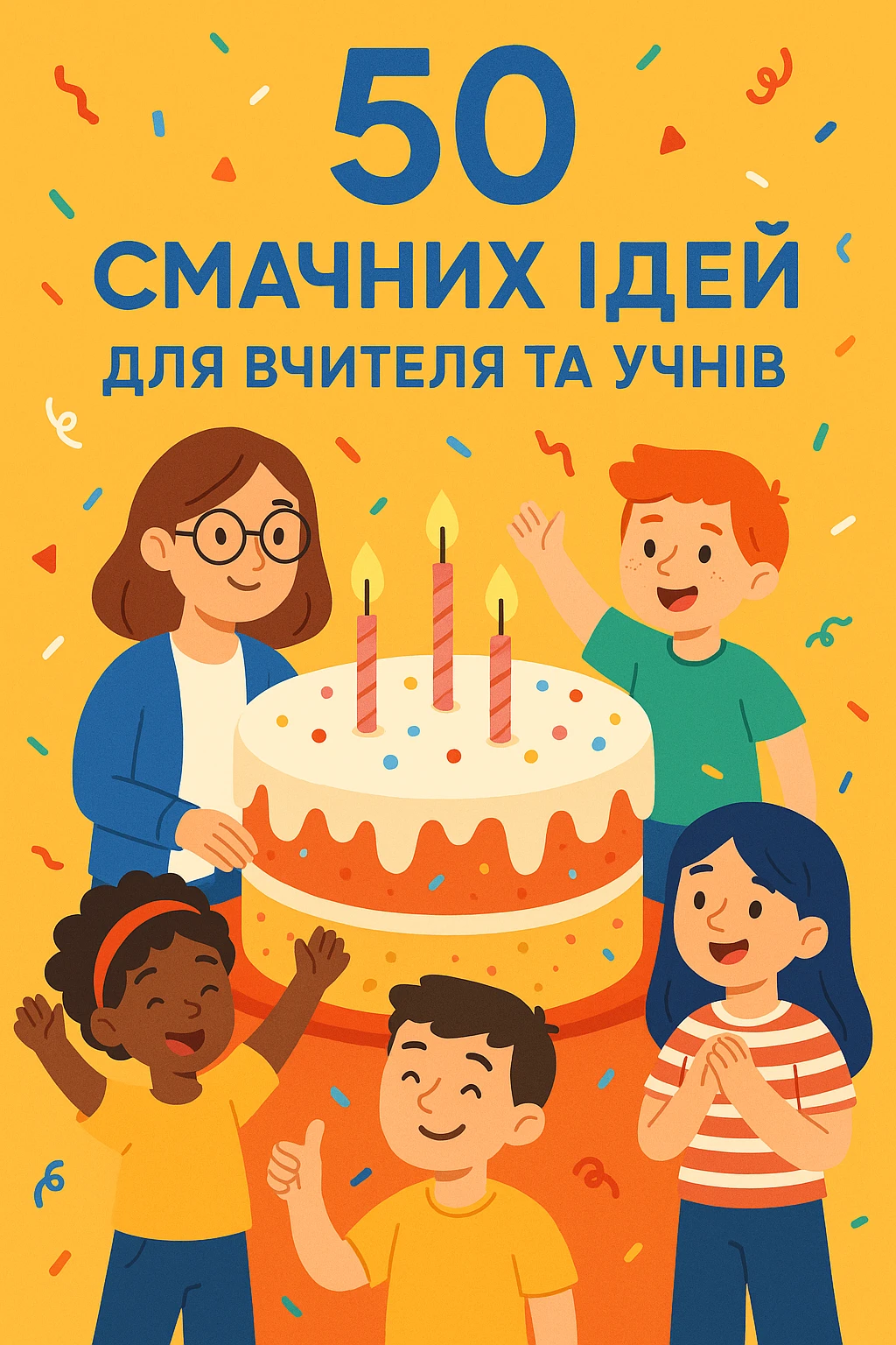 Cover of a guidebook with Ukrainian text: '50 смачних ідей для вчителя та учнів'. Modern style, central illustration of a large cake surrounded by children and a teacher, festive design, modern typography. emoji