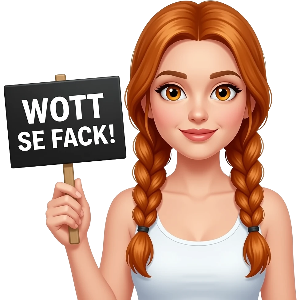 sexy girl with long ginger braids and ginger eyes wearing a white tanktop is holding a black sign with WOTT SE FACK! written on it emoji
