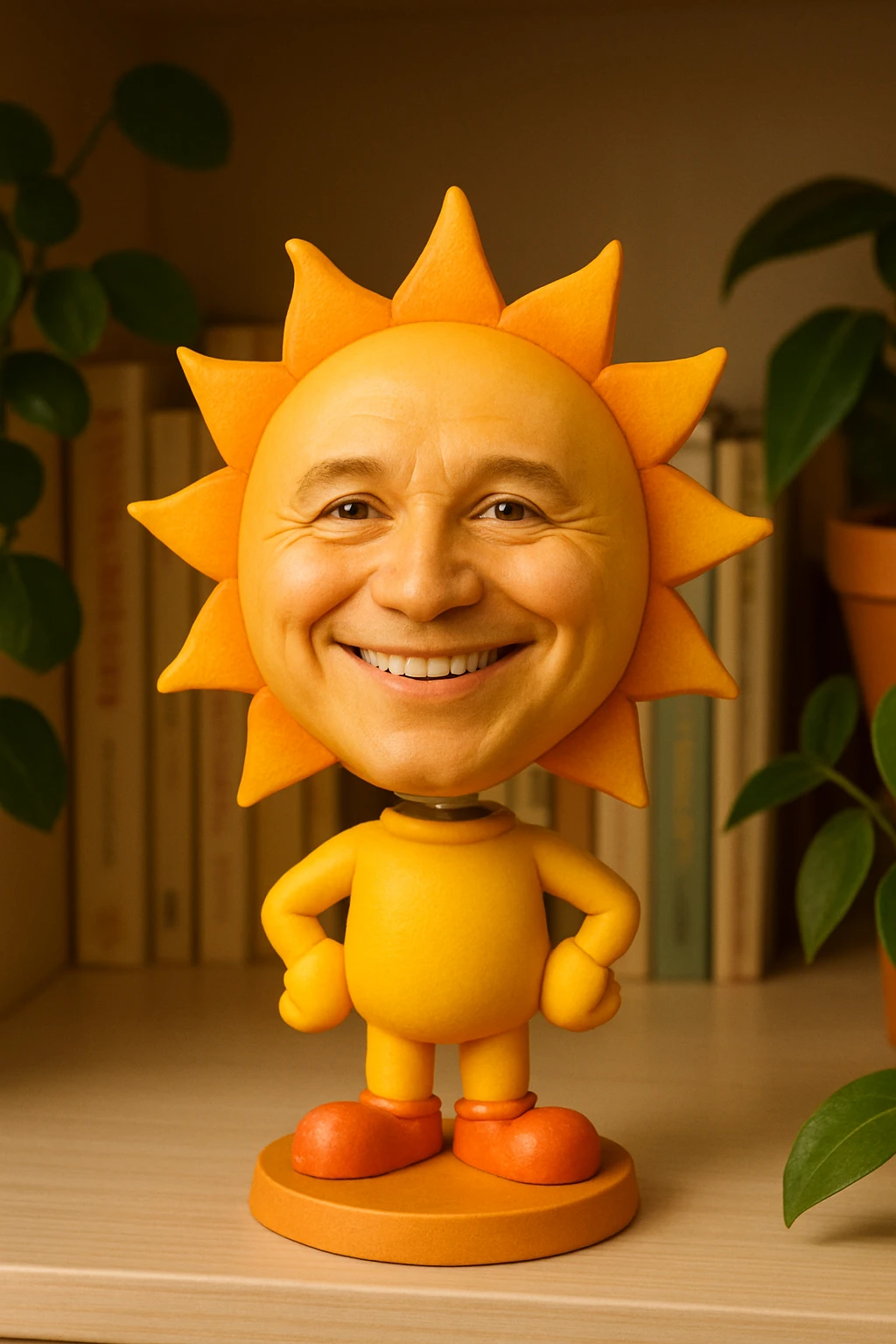 a smiling sun bobblehead, cartoonish style, bright colors, cheerful expression emoji