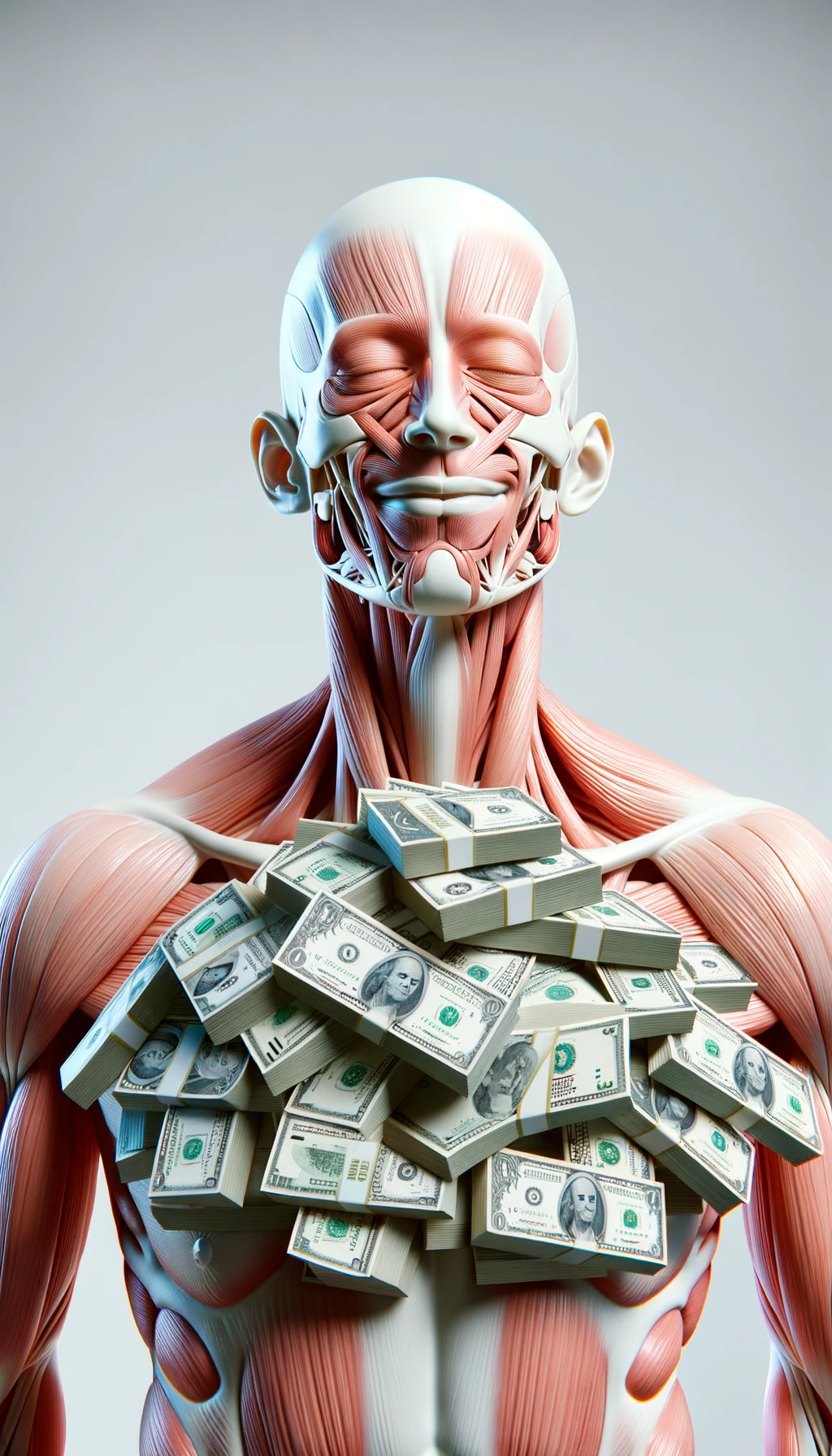 corpo umano anatomico sereno e felice con una montagna di banconote davanti al viso, espressione stupita, iperrealistica 4k, isolato su sfondo bianco emoji