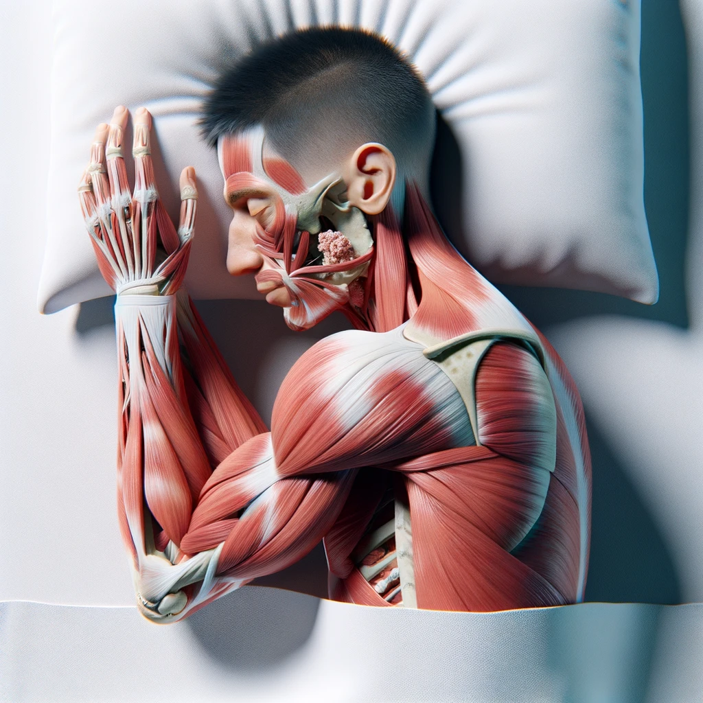 corpo umano anatomico con capelli corti che dorme sereno abbracciato al cuscino, muscoli e organi in evidenza, sta nel letto con l'espressione rilassata, visto dall'alto, iperrealistica 4k, isolato su sfondo bianco emoji