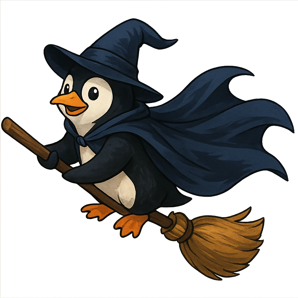 penguin wizard flying on a broomstick, cloak fluttering emoji