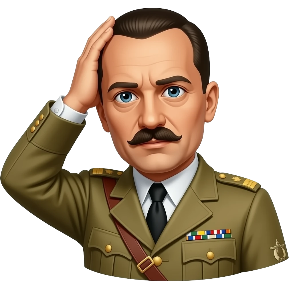 Make bald Mussolini and his hand on his bald without hair emoji