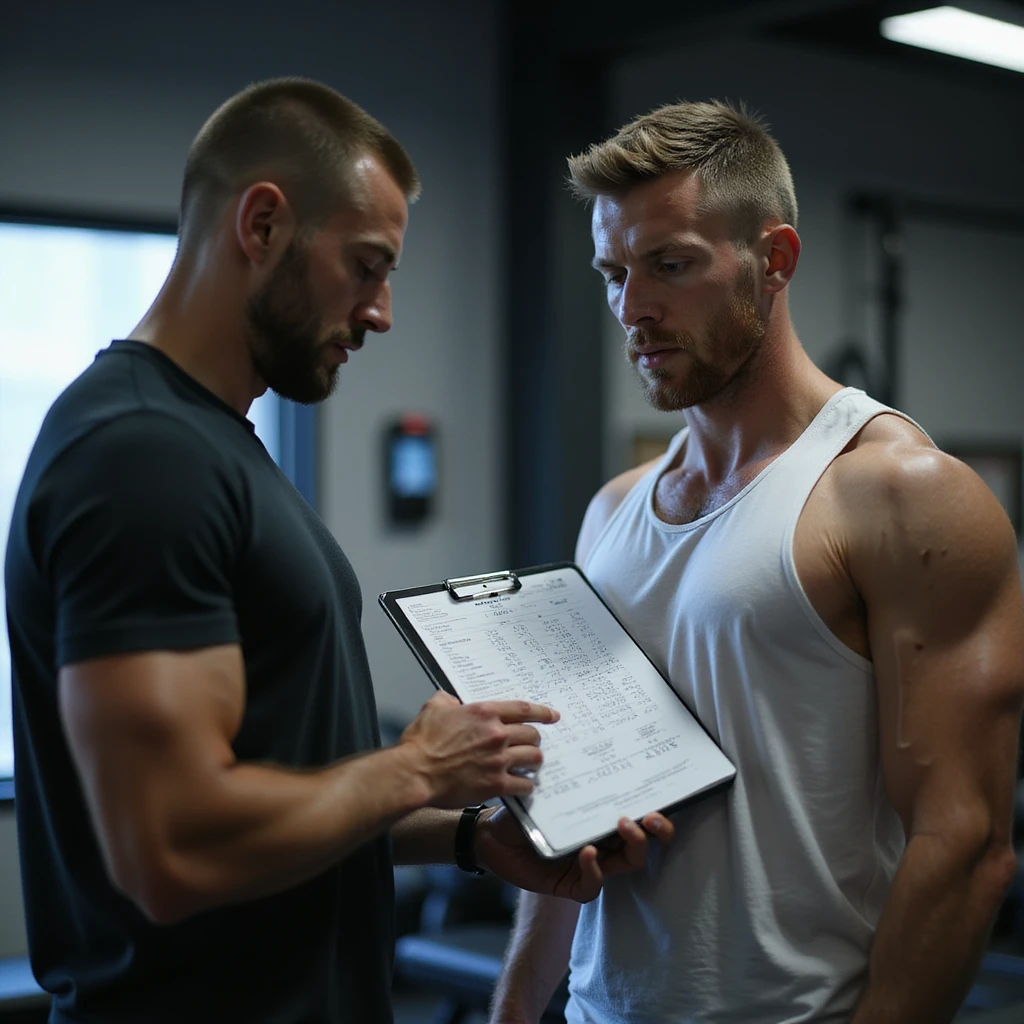hyperrealistic 4K scene of coach and athlete looking at blood test results on tablet or paper, visible data including testosterone, hematocrit, cholesterol, gym or medical office environment, detailed emoji