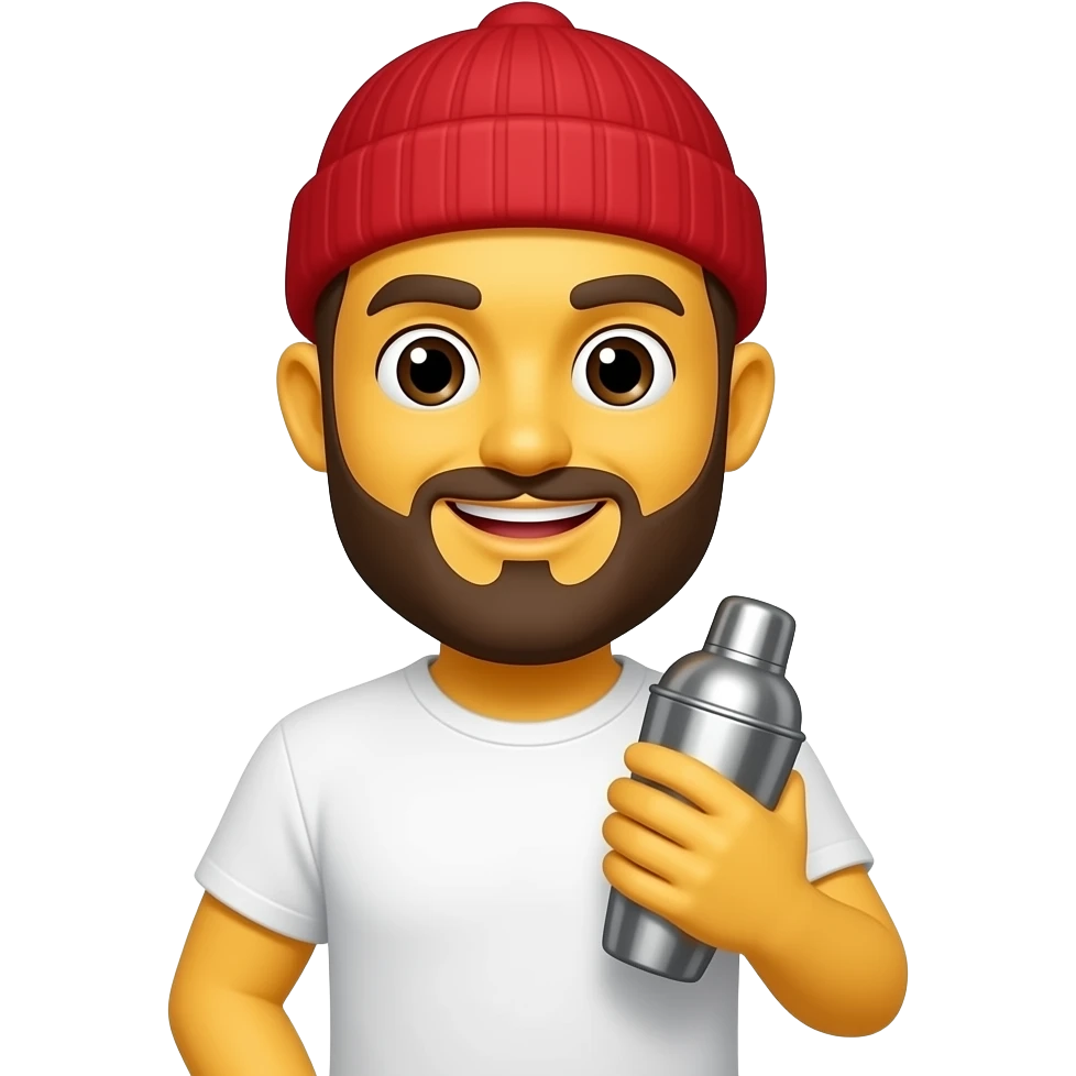 a yellow emoji, representing a hipster bartenderwith a red beannie, white tshirt and a shaker emoji