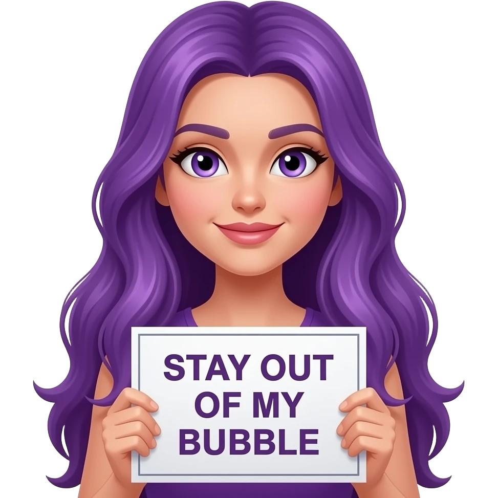 sexy girl with long purple hair and purple eyes holding a STAY OUT OF MY BUBBLE sign emoji
