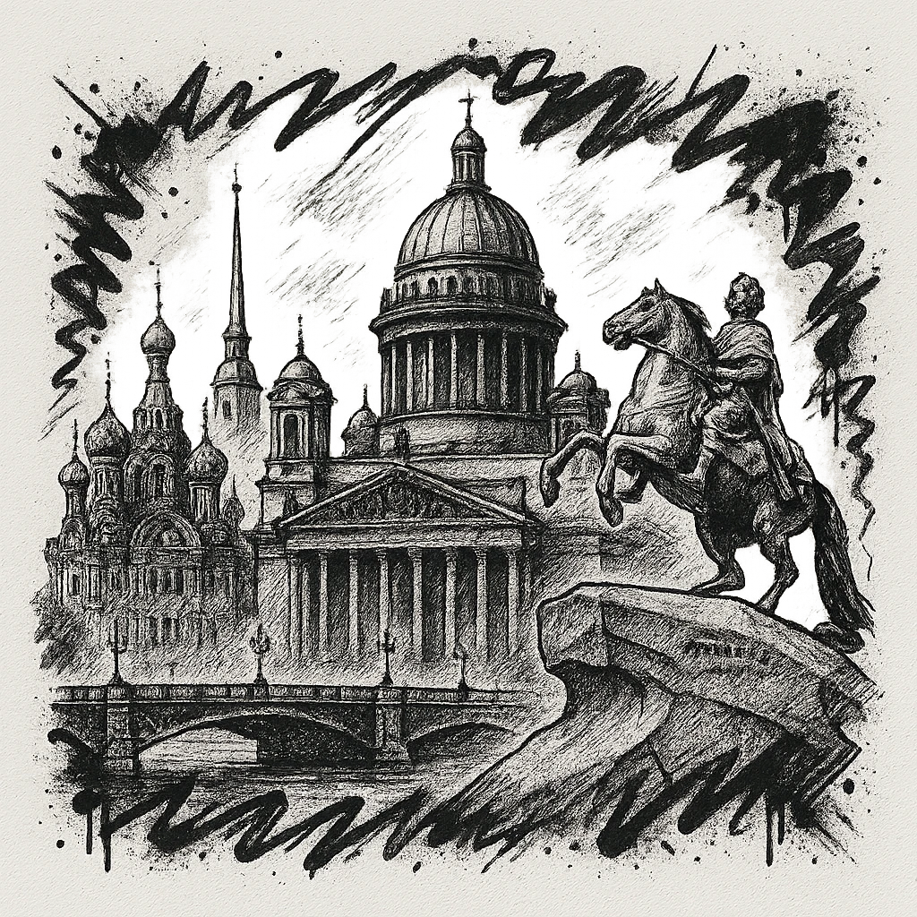 Сделай png рисунок Санкт-Петербурга в стиле граффити. Граффити черно-белое. Надписи не делай.  Рисовка в стиле Да Винчи. emoji