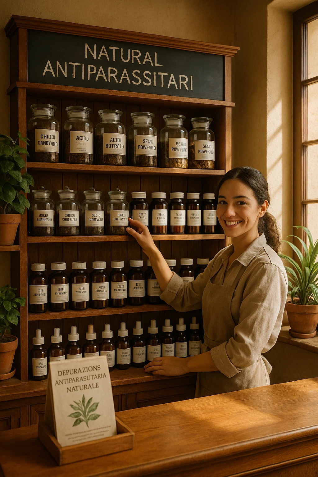 A realistic, well-lit herbal supplement store interior with wooden shelves neatly displaying glass jars and bottles labeled as ‘Chiodi di Garofano’, ‘Acido Butirrico’, and ‘Semi di Pompelmo’, organized in a clean and aesthetic manner. Small handwritten chalkboard signs indicate ‘Natural Antiparasitic Supplements’ above the section. The environment feels warm and trustworthy, with potted green plants adding freshness and a subtle sunlight entering through a window. A young shop assistant with a welcoming smile arranges the products, while informational leaflets about natural parasite cleansing are visible on a wooden counter, creating a holistic and health-conscious atmosphere in Italiano emoji