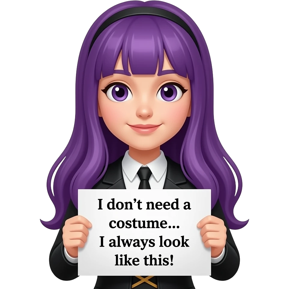 girl with long purple hair wearing a halloween costume holding a Ich brauche KEIN KOSTÜM... Ich sehe immer so aus! sign emoji
