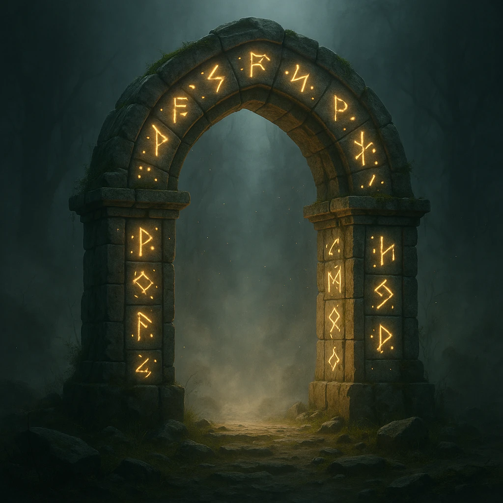 an ancient stone archway portal with runes, mystical atmosphere emoji