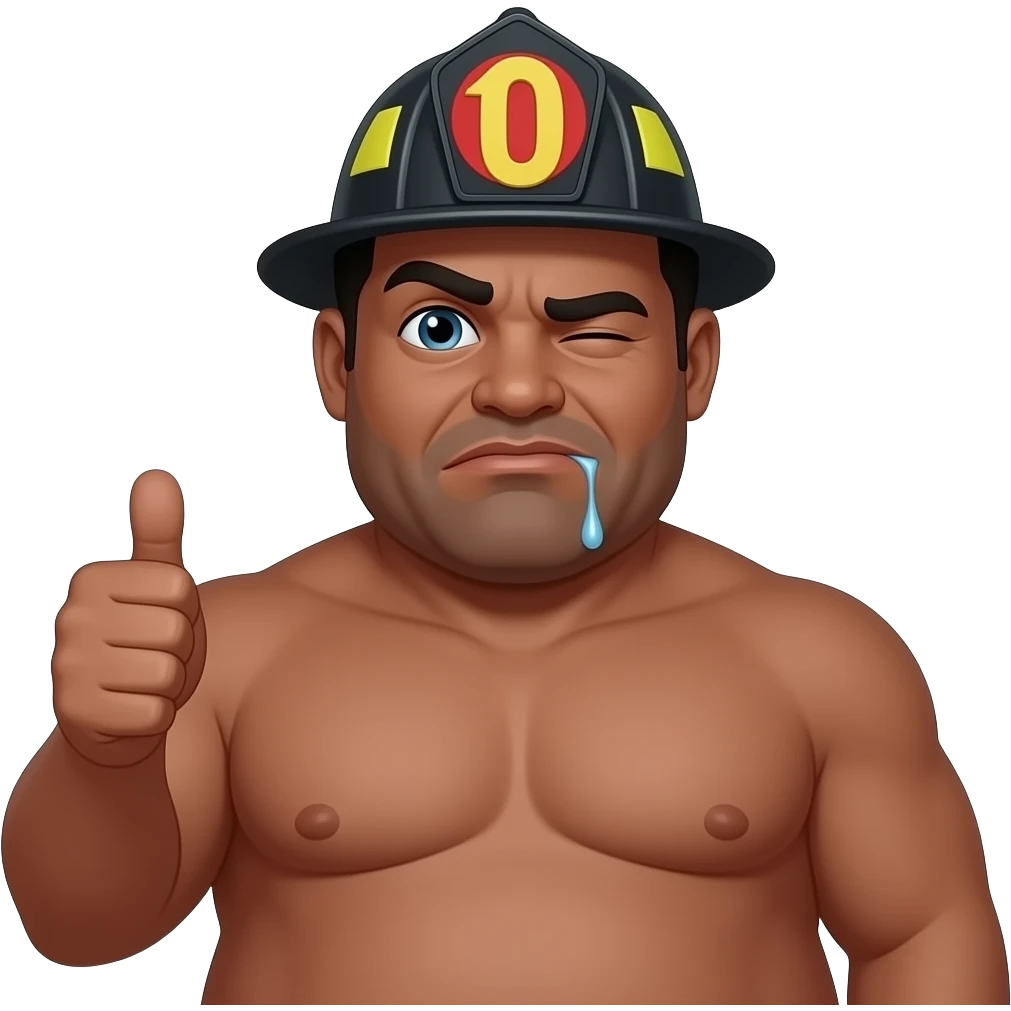 Tired looking person, weird proportions, extra obese, drooling, squinting, dark complexion, fireman hat, no shirt, thumbs up emoji