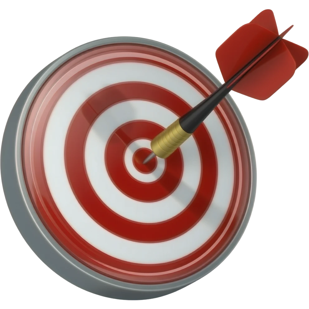 The Mark: 3D emoji style, glossy surface, soft shadows, white background, centered, no text, dart hitting a bullseye target, bold red and black, emoji