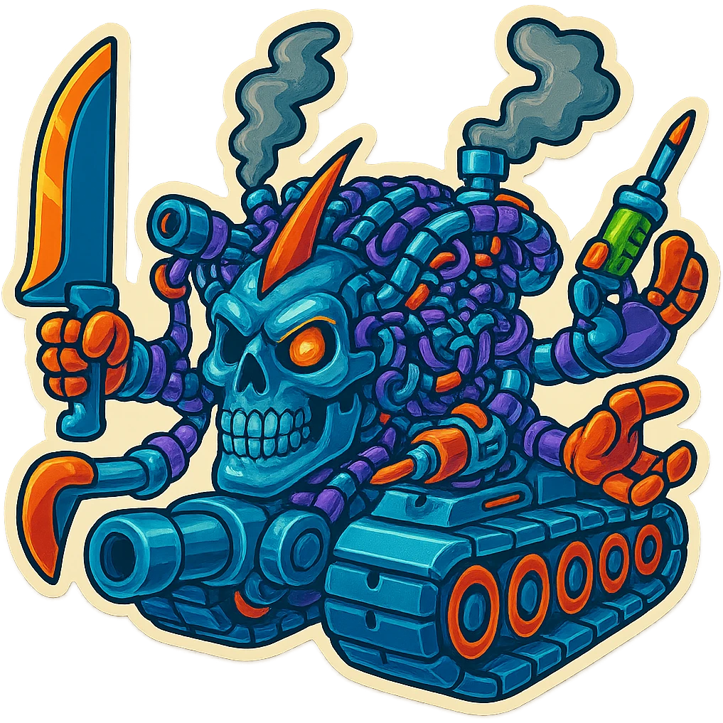 Create a skull robot tank with 4 distinct arms, each hand holding a different weapon: a large industrial blade (not a sword), a blaster, a menacing syringe, and a claw. The design should be menacing and intimidating with shiny greyscale metal parts and vibrant color accents on some non-metal elements. Use a retro stickers style with clean outline, compact proportions, and transparent background. emoji