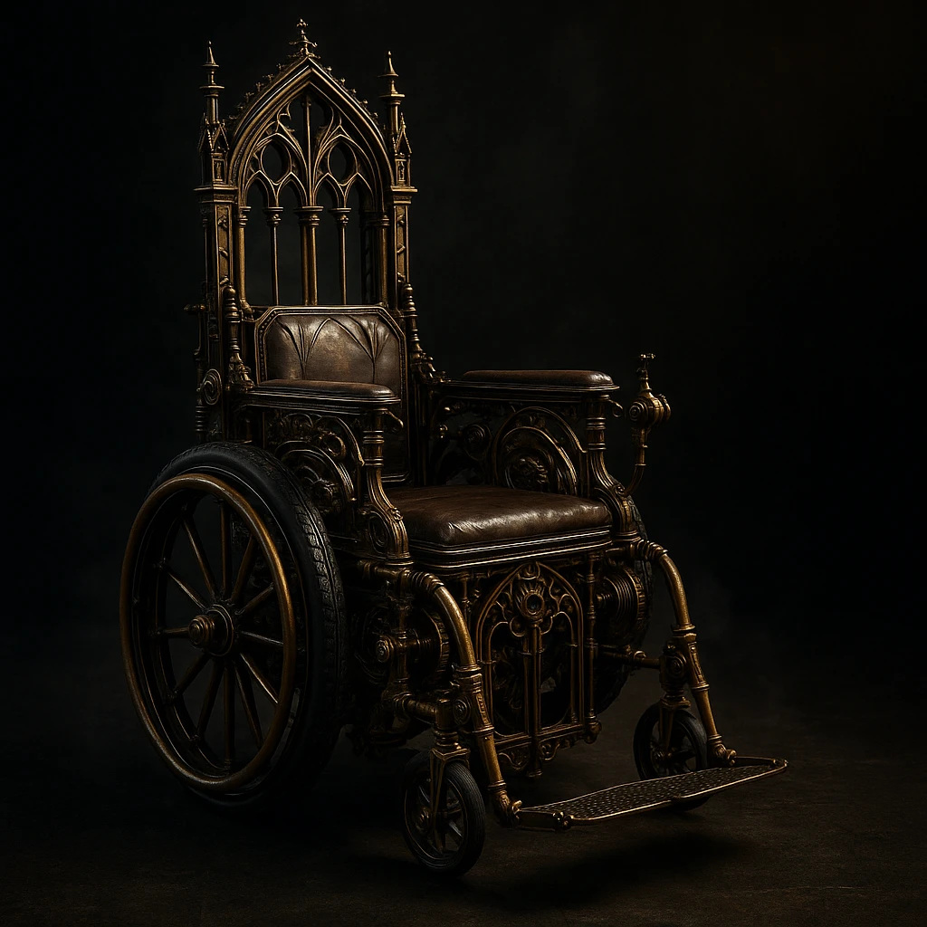 gothic steampunk wheelchair, brass and iron, gothic arches, mechanical embellishments, moody atmosphere emoji