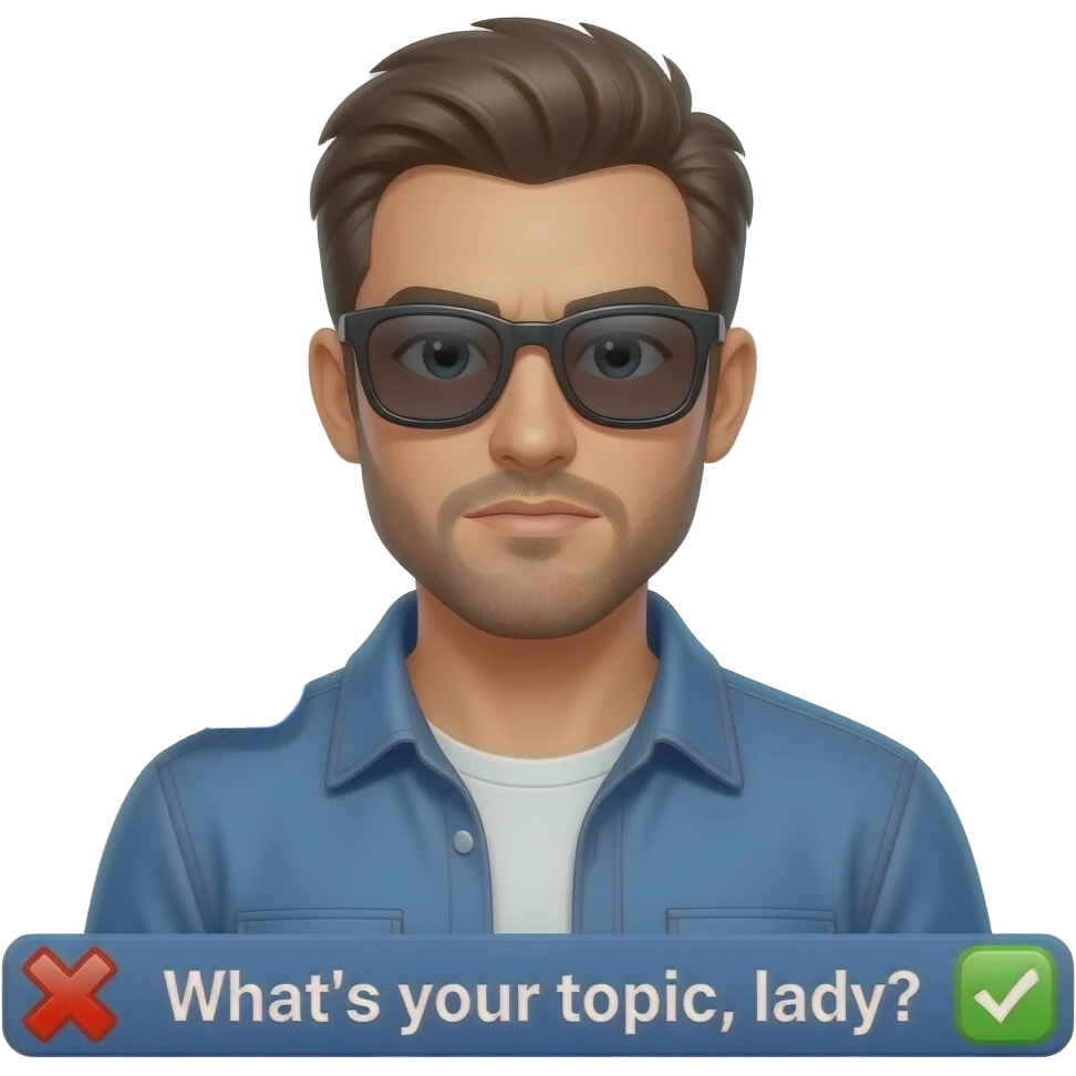 A informal man with sunglasses, glowing digital, symbols on the around, a left side Facebook logo, on the left shoulder, looking at viewer, a serious. Text on below banner: 'What's your topic, lady?' shimmering a red x cross and a green check icons emoji