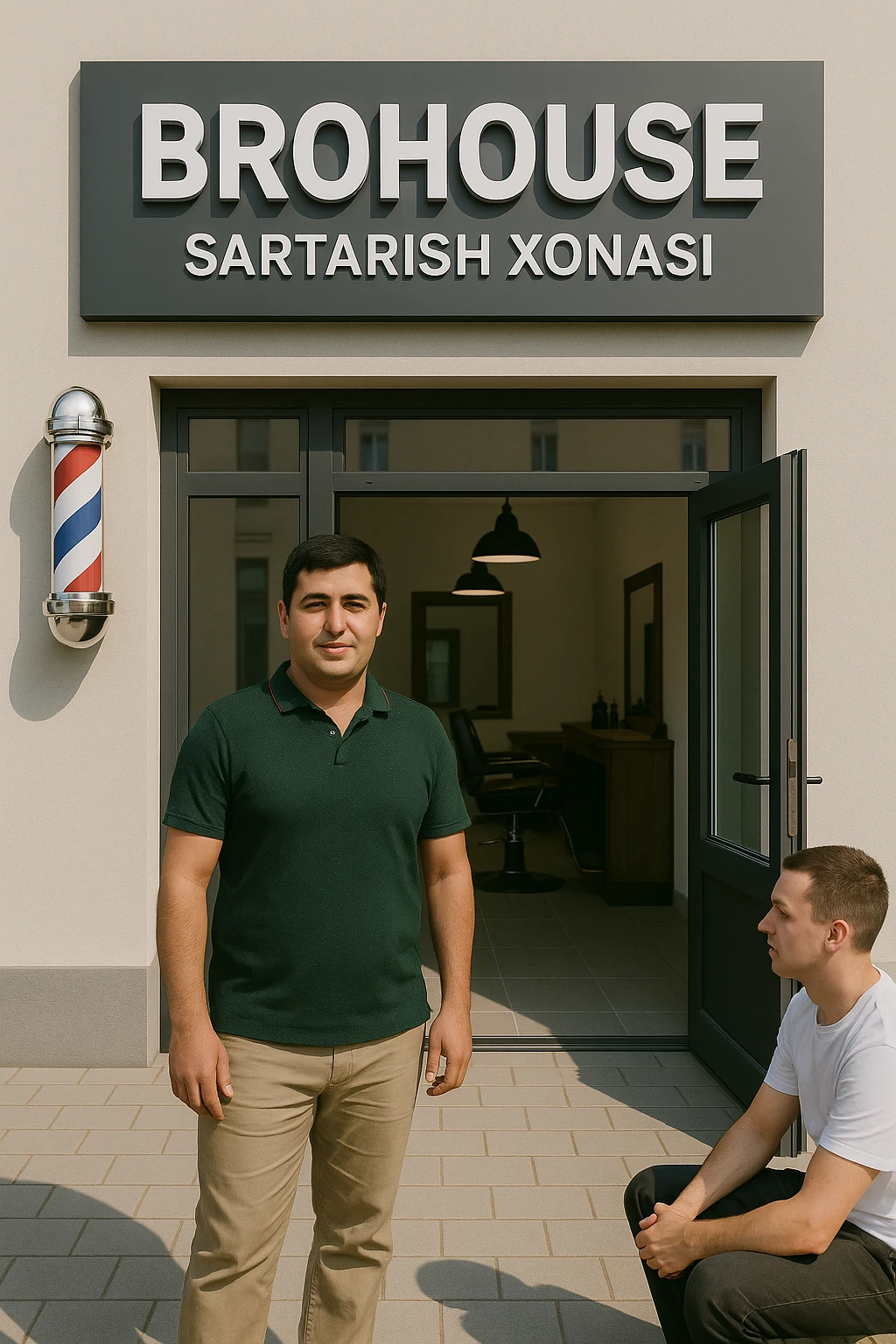 eni shu rasimga manashu odamga uxhshasin sartaosh eshik oldida tursin va tashqarida esa mijoz emoji