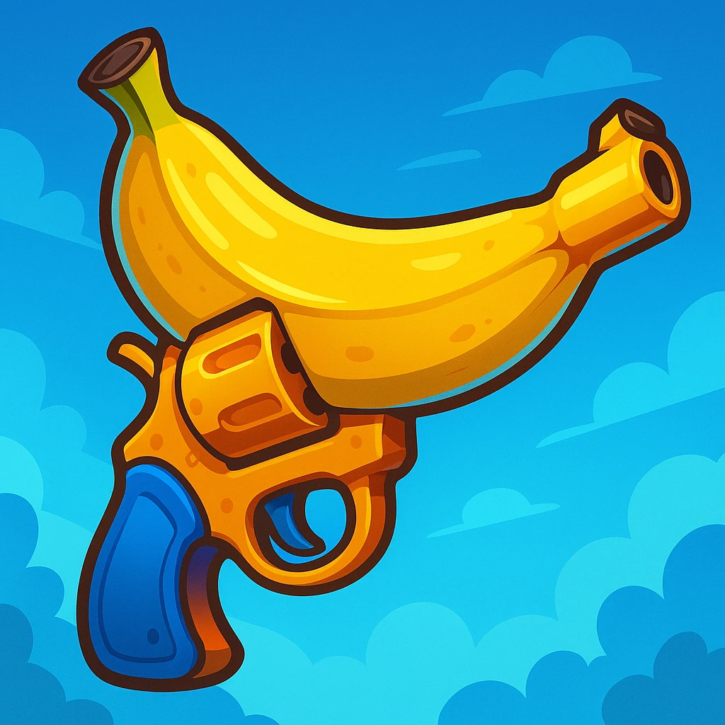 banana pistol in Fortnite style, exaggerated features, glossy finish, bright and saturated palette, whimsical and adventurous, stylized shading emoji