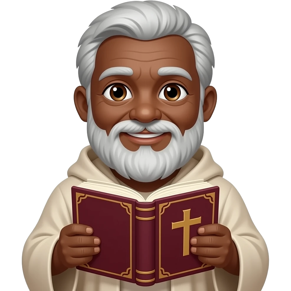wise old man with grey hair robe slight brown eyes white beard dark brown skin friendly holding burgundy book that has a cross on it emoji