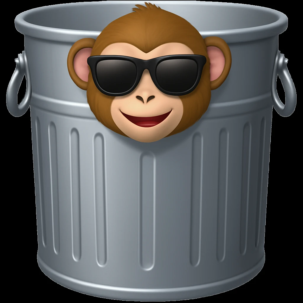 Add cool sunglasses to the silly monkey in the trash can, keeping the playful emoji style look. emoji