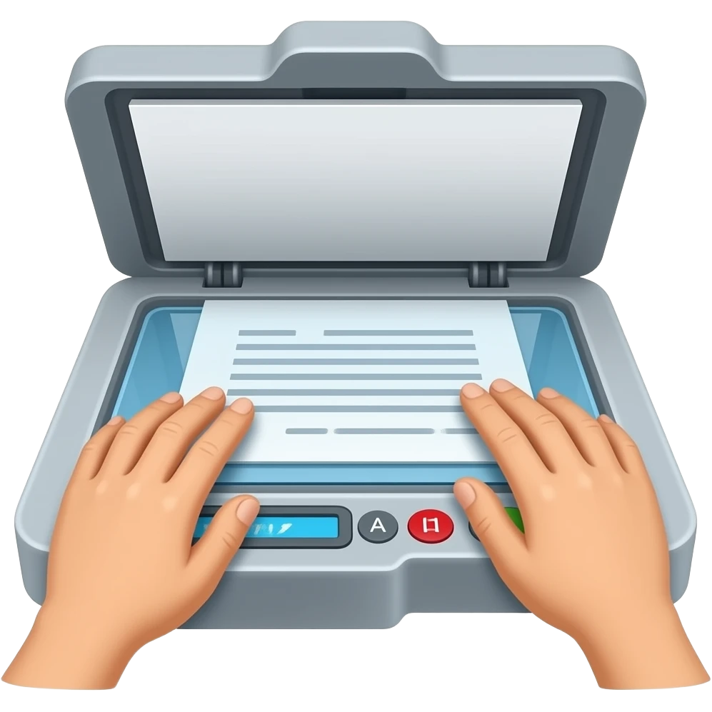 A clear close-up of hands scanning a document on a photocopy machine.  One hand pressing the start button, the other adjusting the paper on the glass.  Focus on the action of scanning, emoji