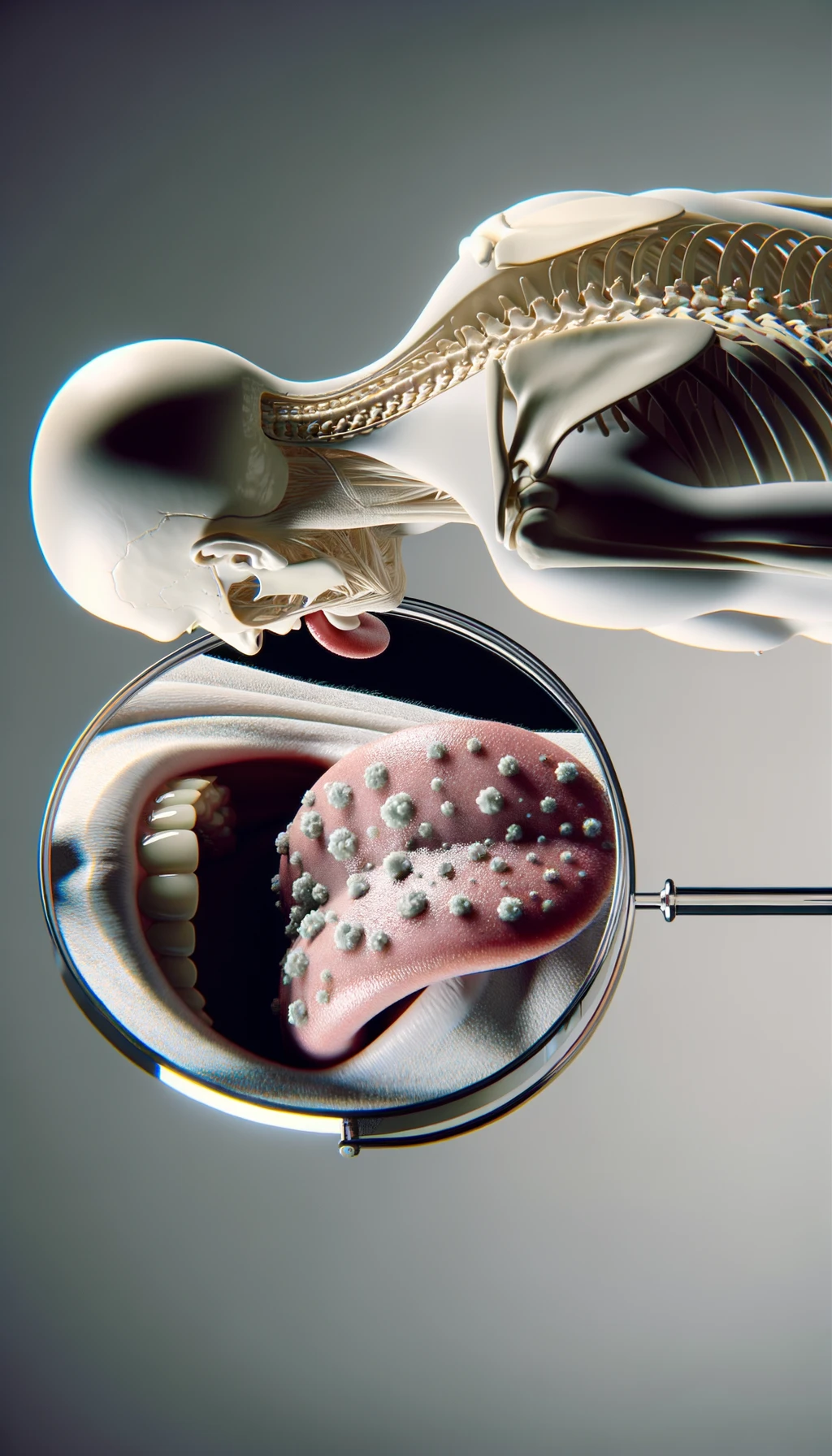 CORPO UMANO ANATOMICO IN PIEDI CHE SI GUARDA LA LINGUA ALLO SPECCHIO , TIENE LA LINGUA FUORI E LA LINGUA è PIENA DI MACCHIE BIANCASTRE, NEUTRAL CLEAR BACKGROUND, iperrealistico 4k emoji