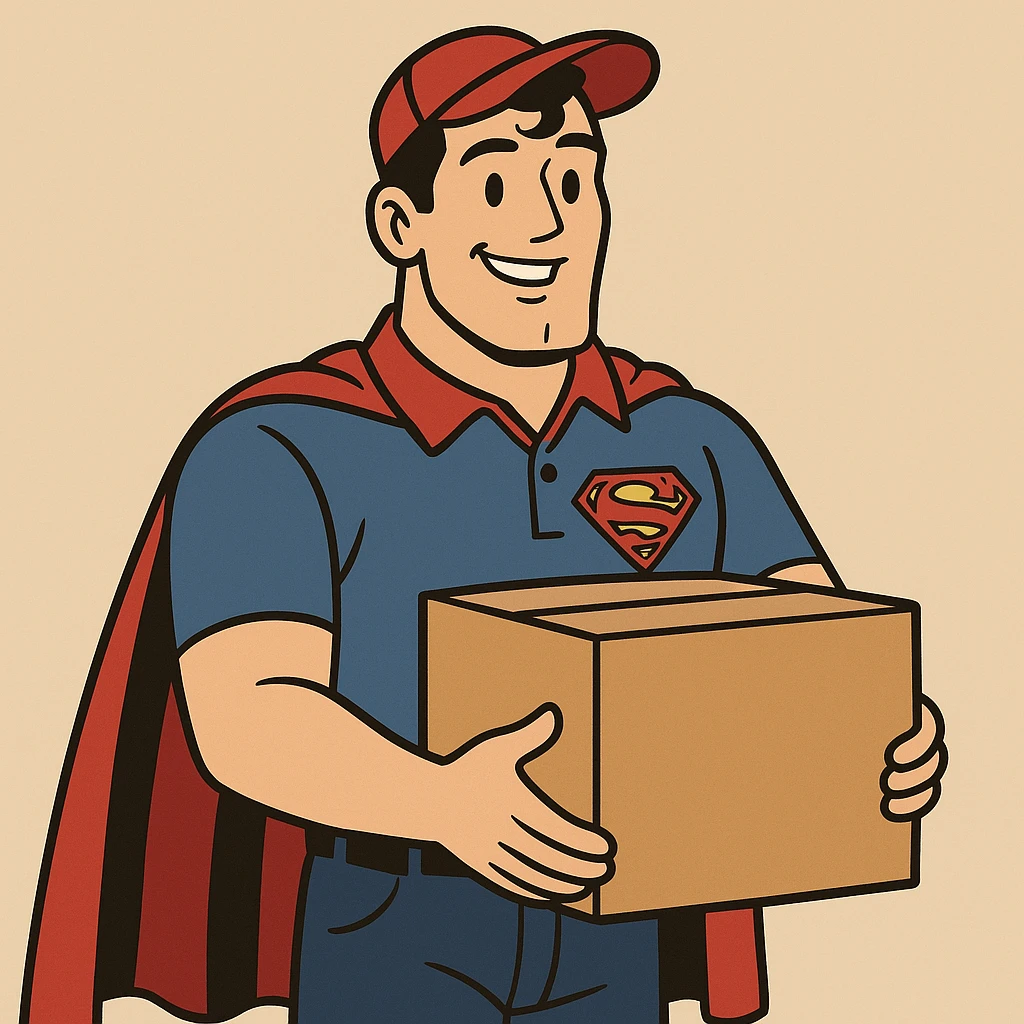 Superman in a delivery driver's outfit, friendly expression, cartoon style emoji
