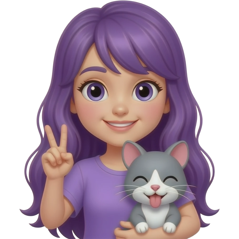 girl with long purple hair holding a CAT got your tongue, LITTLE MOUSE sign emoji