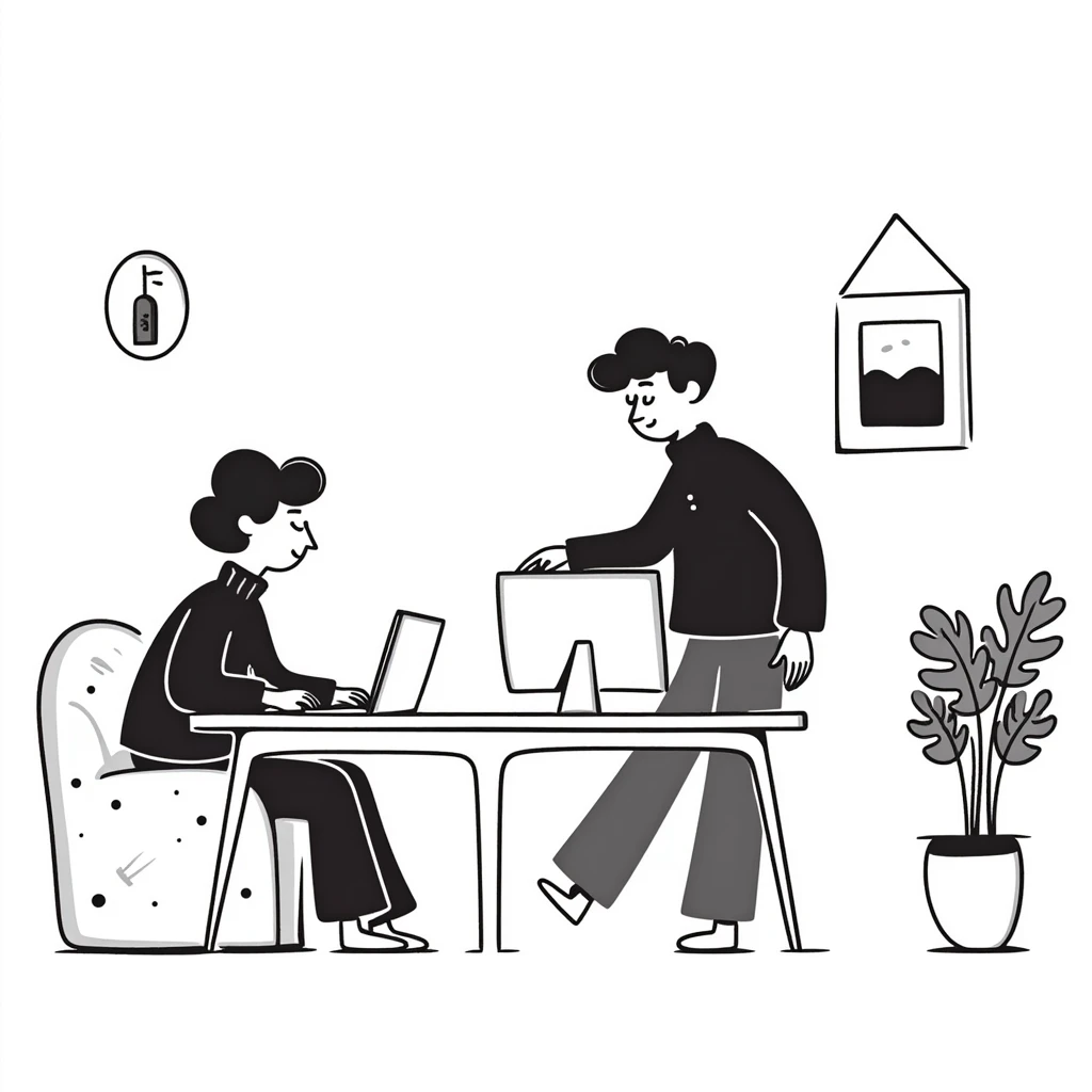 escenary 3d of a cozy mid-century living room with two people working on laptops, one man standing at a desk and one woman sitting on a couch, two walls and floor visible emoji
