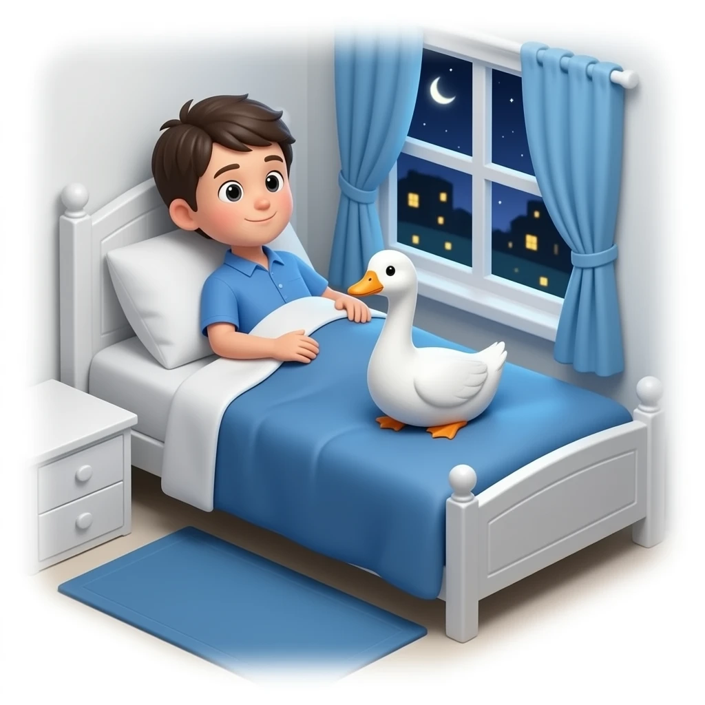 a young boy's bedroom setting with a 3D white Goose in his bed emoji