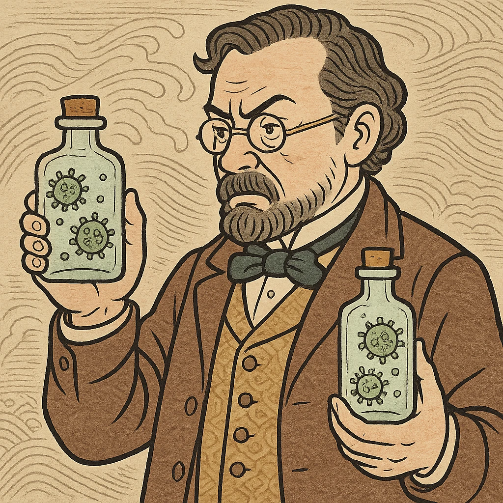 a victorian scientist with two sterile bottles with germs inside emoji