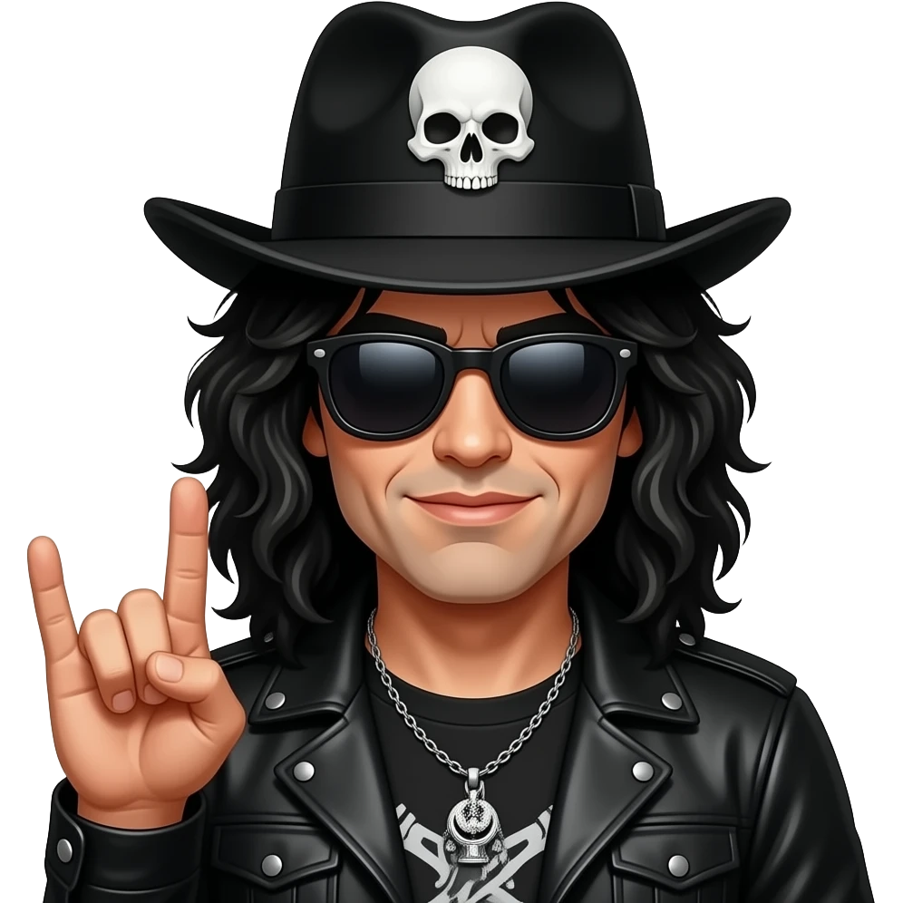 Guitarist Slash with iconic hat and 🤘 emoji