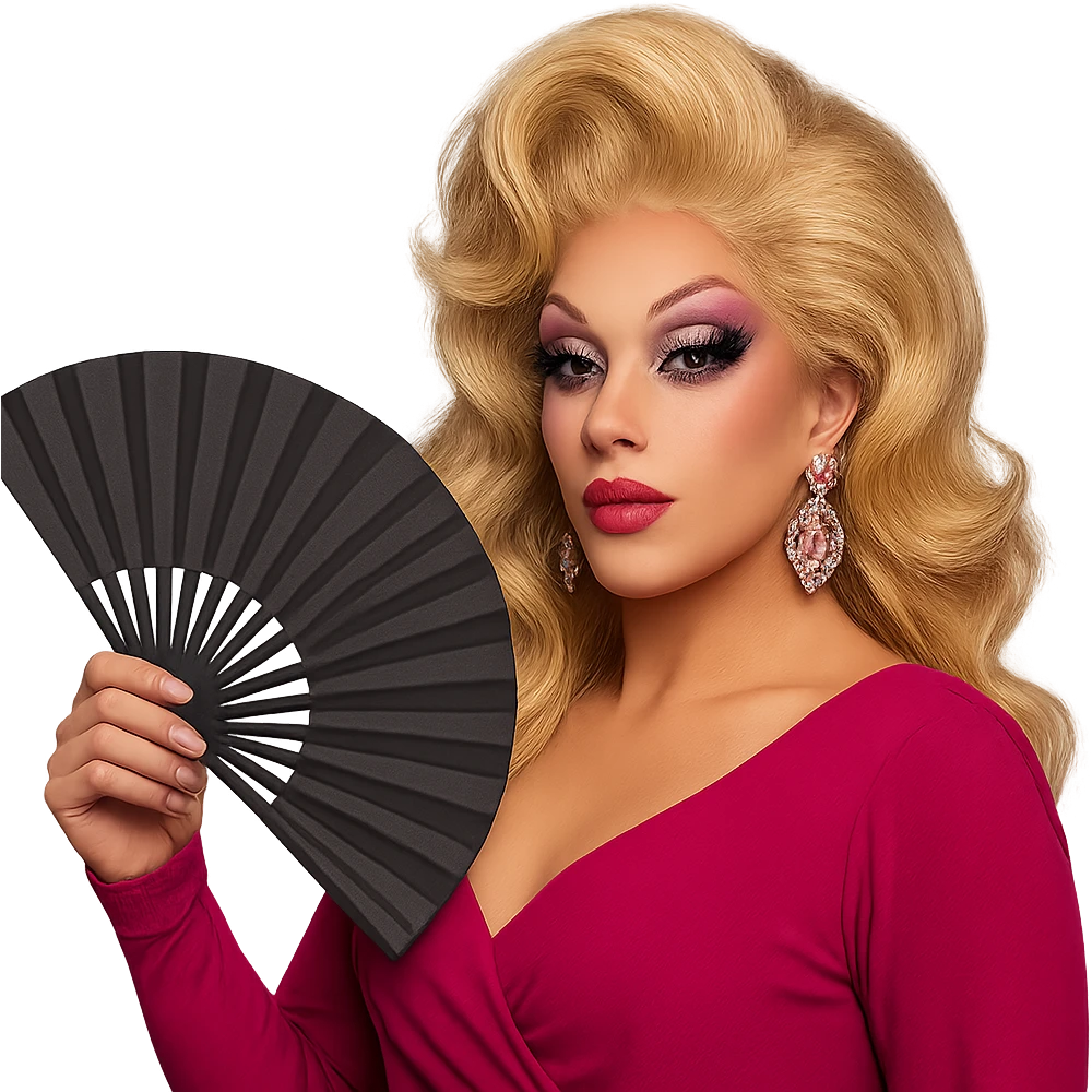 drag queen with glittery eyeshadow and fan emoji