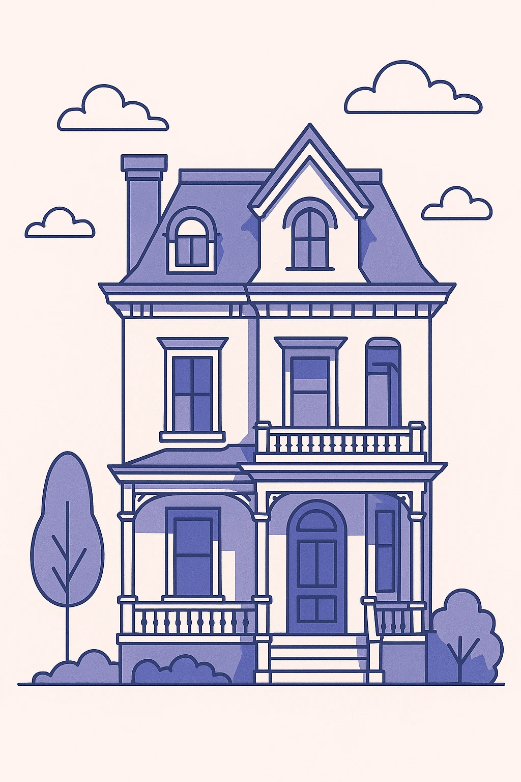 a white posh victorian house, simplified shapes, elegant, flat cartoon style emoji
