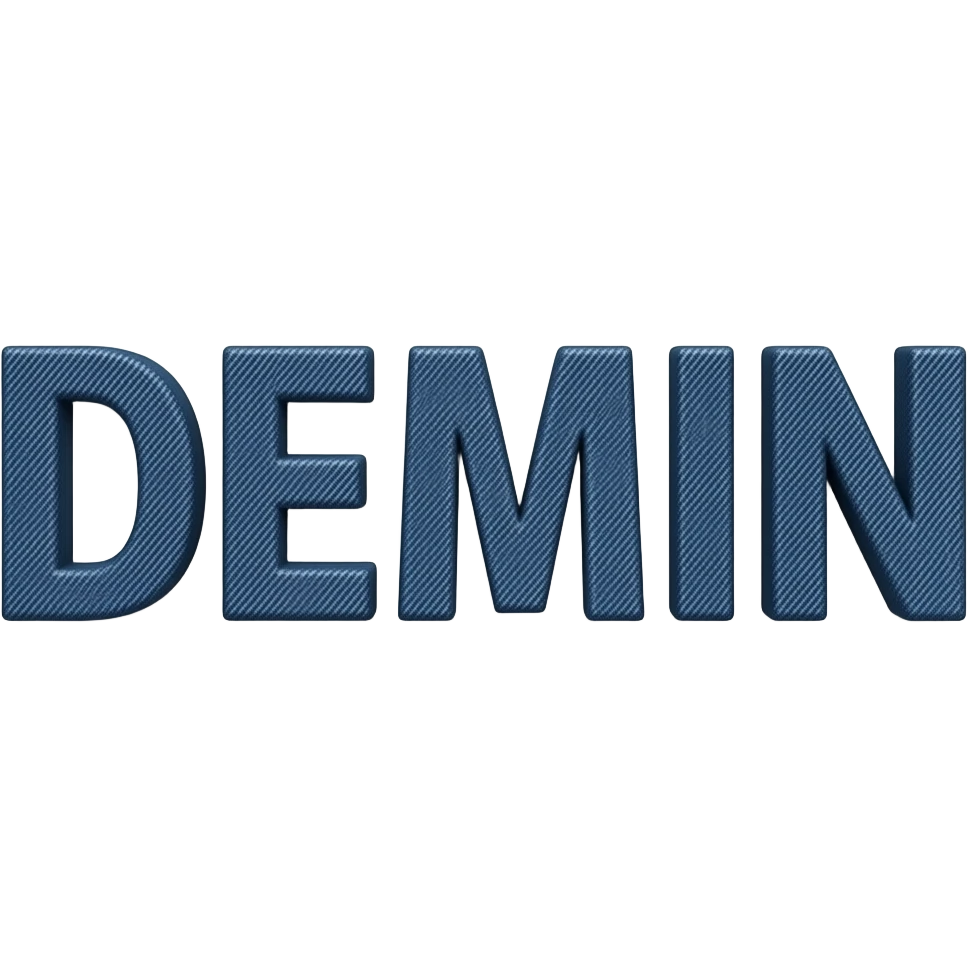 3D letters of the word DEMIN in the style of the demin jeans material and texture. just on one row. Needs to look like real demin jeans fabric. emoji