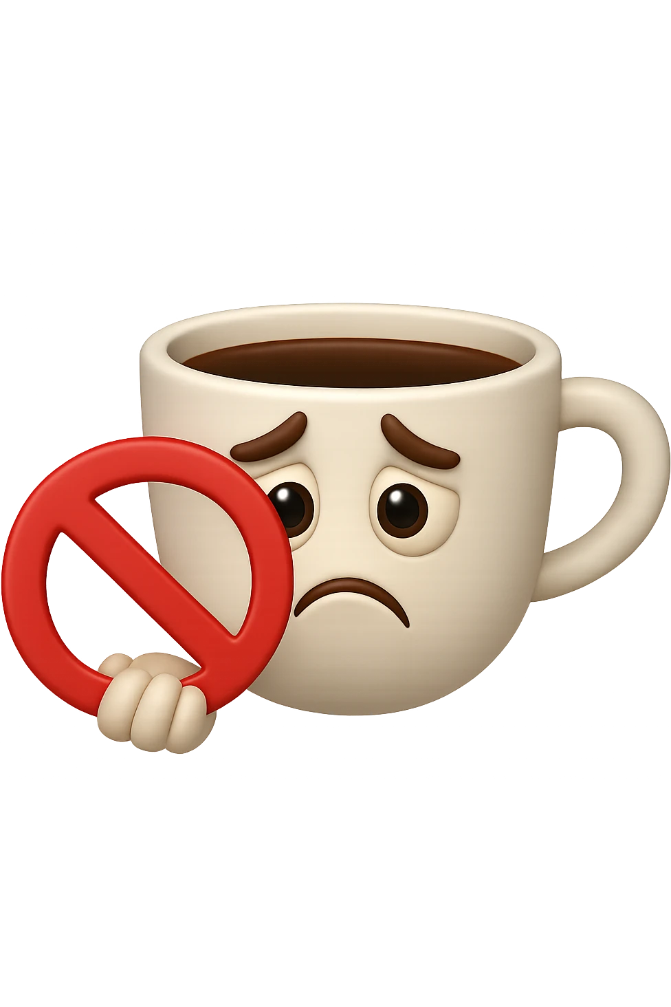 emoji stile iphone di una tazzina di caffè con espressione triste in volto mentre tiene un divieto in mano, iperrealistico 4k emoji